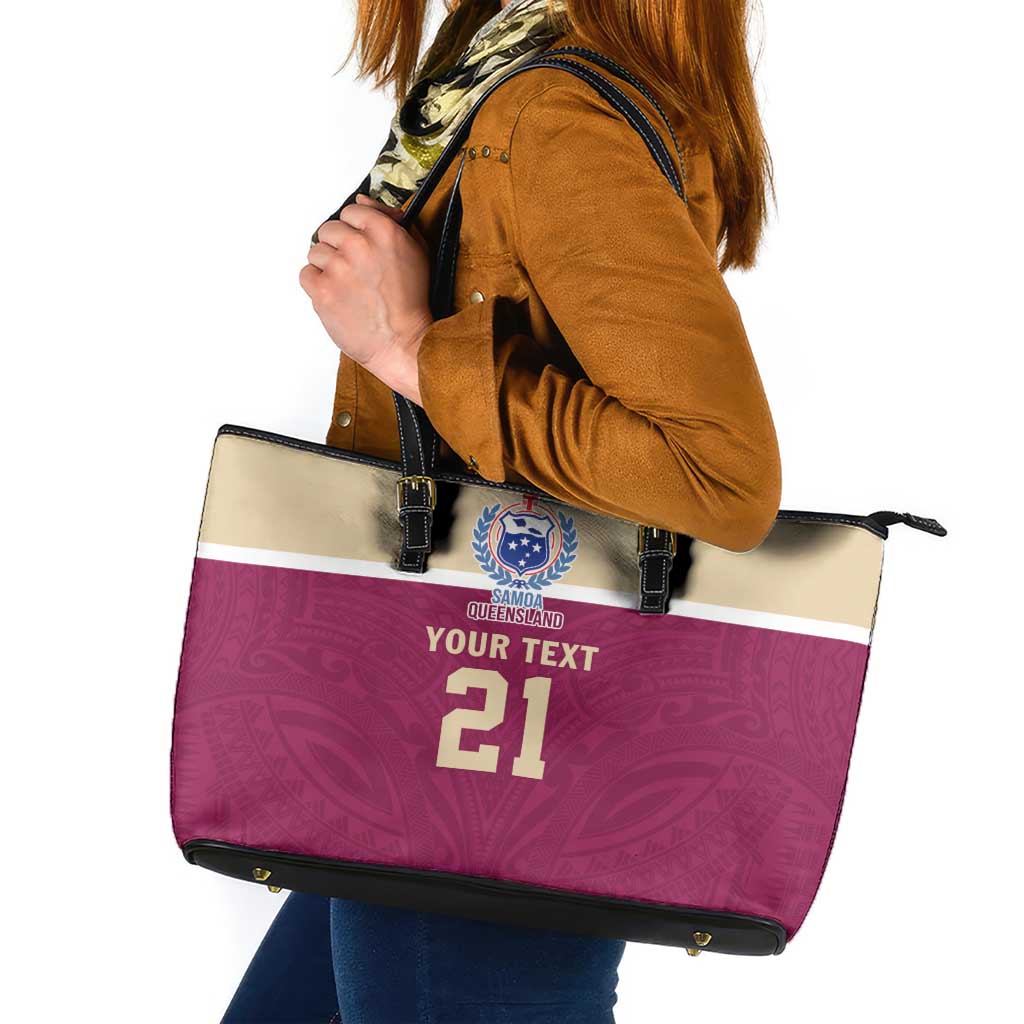 Queensland Samoa Custom Leather Tote Bag Maroon Pacific Polynesian Tribal Pattern LT9 Maroon - Polynesian Pride
