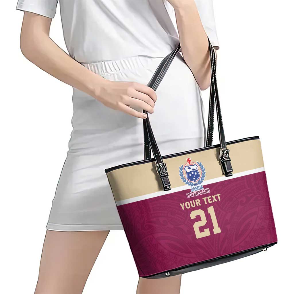 Queensland Samoa Custom Leather Tote Bag Maroon Pacific Polynesian Tribal Pattern LT9 - Polynesian Pride