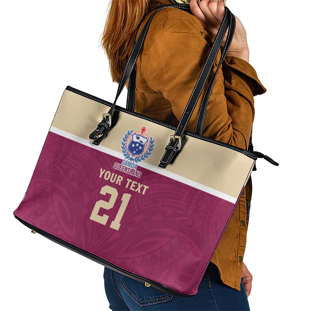 Queensland Samoa Custom Leather Tote Bag Maroon Pacific Polynesian Tribal Pattern LT9 - Polynesian Pride
