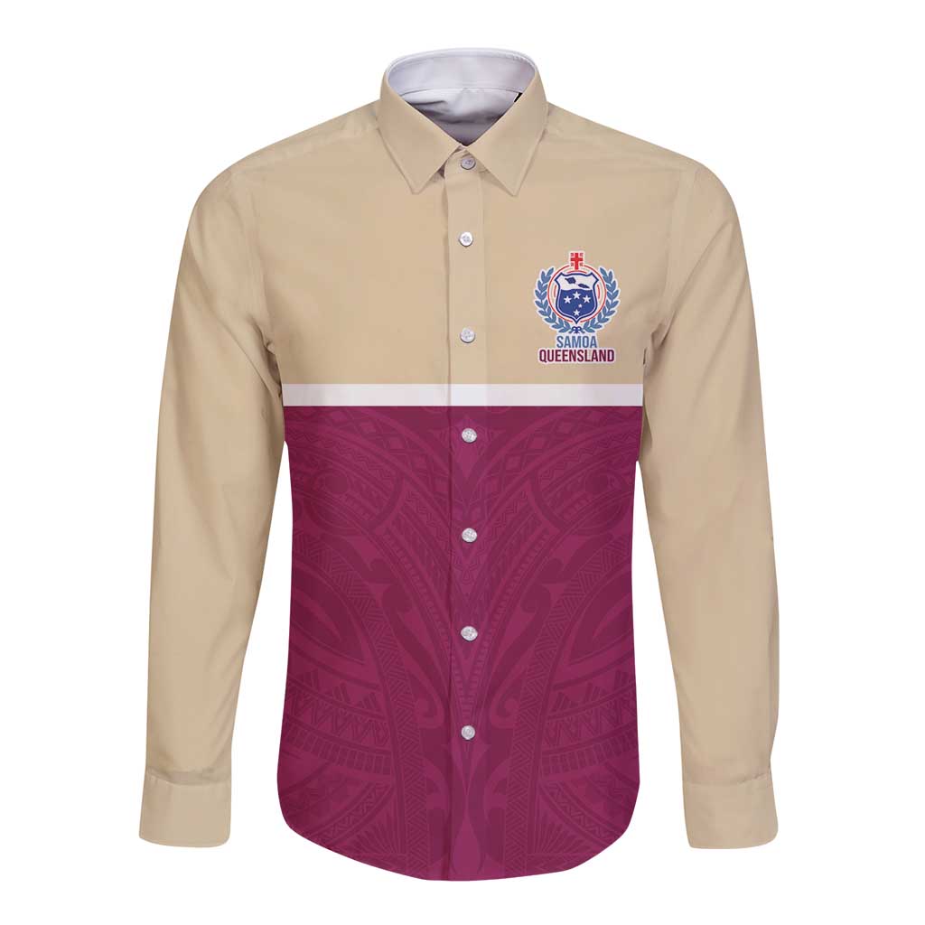 Queensland Samoa Custom Long Sleeve Button Shirt Maroon Pacific Polynesian Tribal Pattern