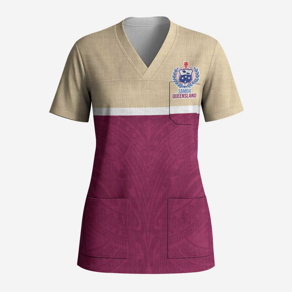 Queensland Samoa Custom Scrub Top Maroon Pacific Polynesian Tribal Pattern - Polynesian Pride
