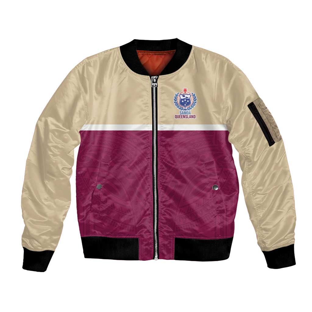 Queensland Samoa Custom Sleeve Zip Bomber Jacket Maroon Pacific Polynesian Tribal Pattern LT9 Unisex Maroon - Polynesian Pride