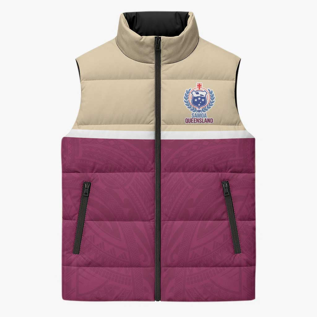 Queensland Samoa Custom Sleeveless Puffer Jacket Maroon Pacific Polynesian Tribal Pattern - Polynesian Pride