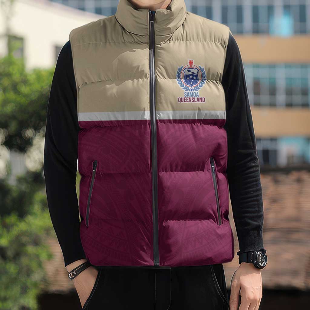 Queensland Samoa Custom Sleeveless Puffer Jacket Maroon Pacific Polynesian Tribal Pattern - Polynesian Pride
