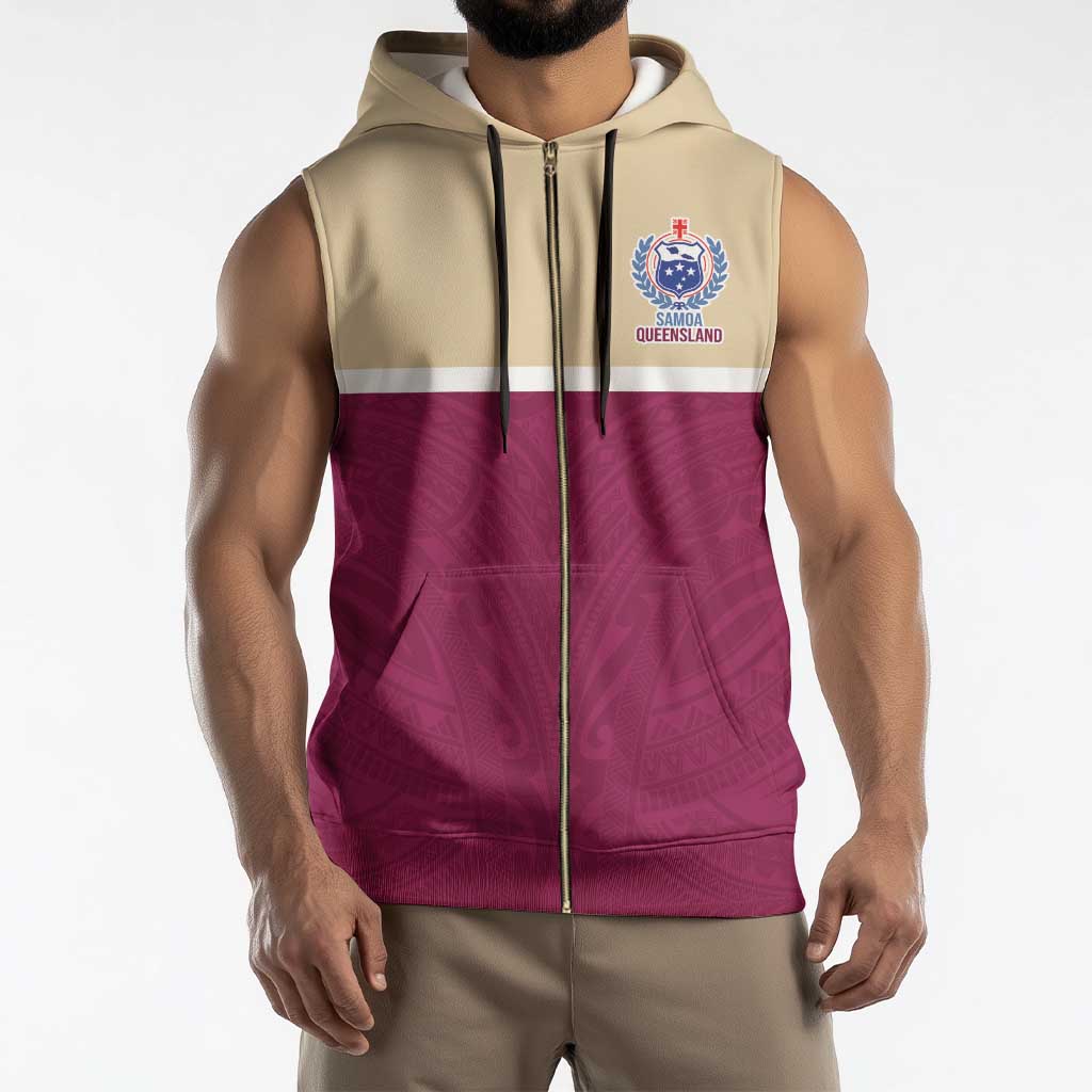 Queensland Samoa Custom Sleeveless Zip Hoodie Maroon Pacific Polynesian Tribal Pattern - Polynesian Pride