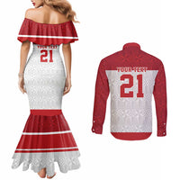 Queensland Tonga Custom Couples Matching Mermaid Dress and Long Sleeve Button Shirt QLD with Tongan Ngatu Pattern