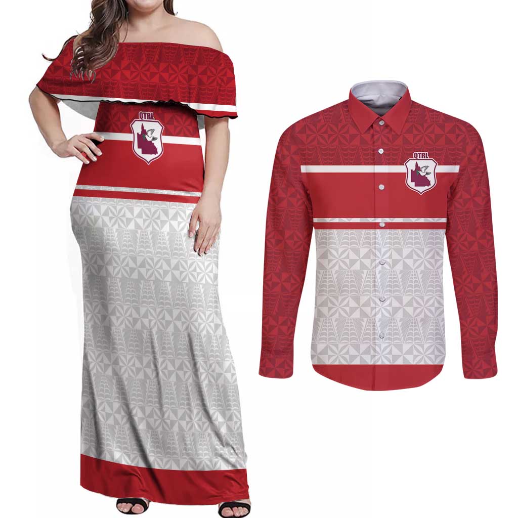 Queensland Tonga Custom Couples Matching Off Shoulder Maxi Dress and Long Sleeve Button Shirt QLD with Tongan Ngatu Pattern
