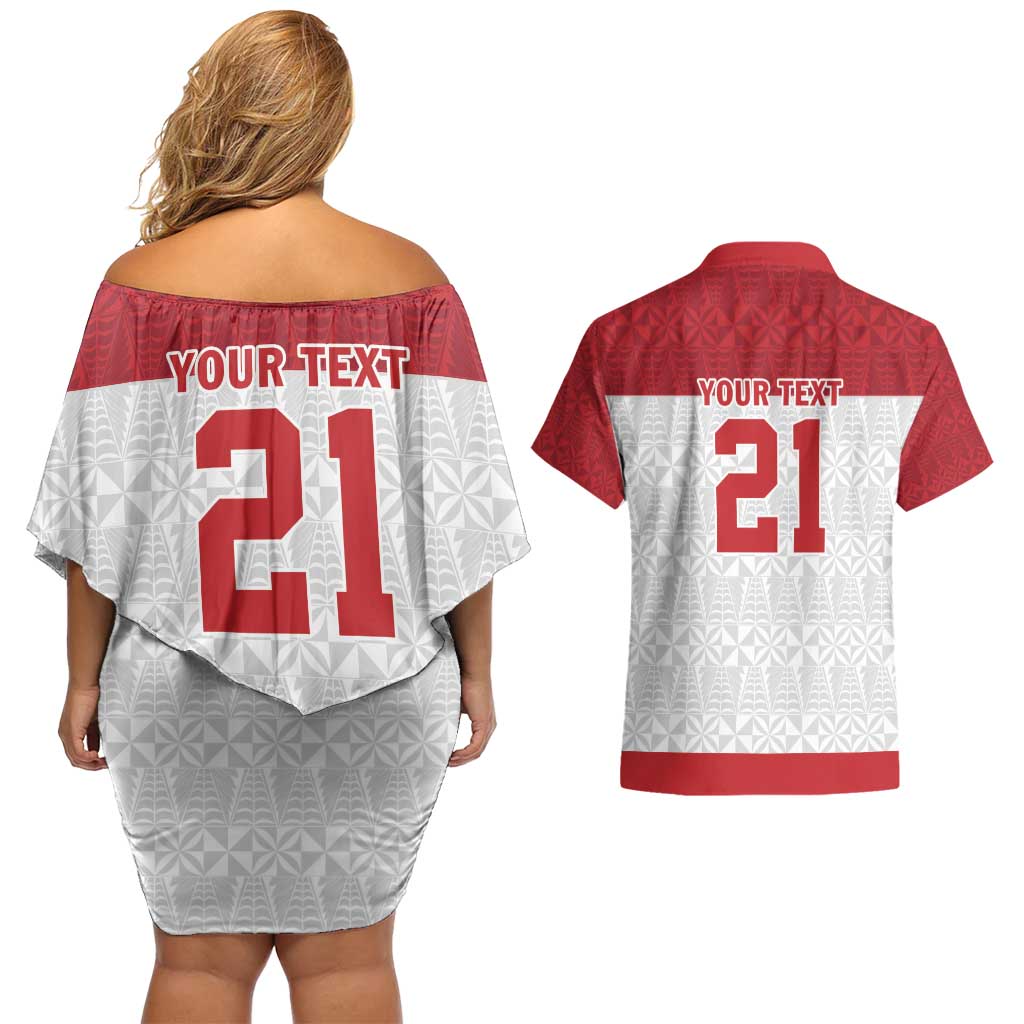 Queensland Tonga Custom Couples Matching Off Shoulder Short Dress and Hawaiian Shirt QLD with Tongan Ngatu Pattern