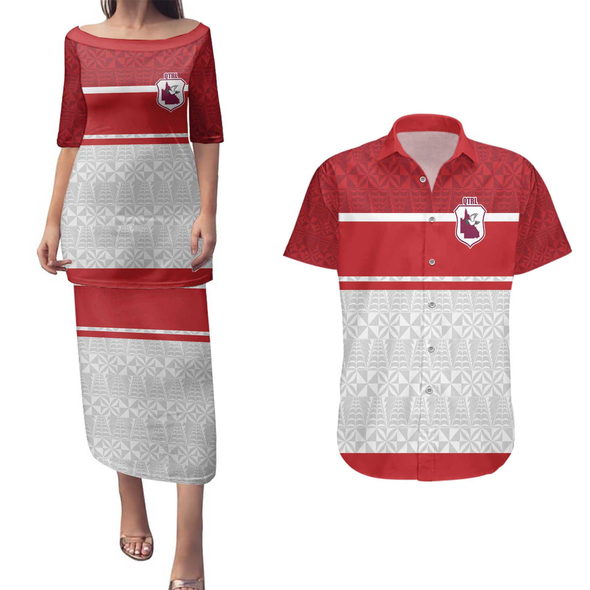 Queensland Tonga Custom Couples Matching Puletasi and Hawaiian Shirt QLD with Tongan Ngatu Pattern