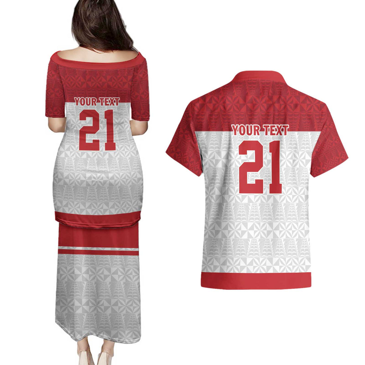 Queensland Tonga Custom Couples Matching Puletasi and Hawaiian Shirt QLD with Tongan Ngatu Pattern