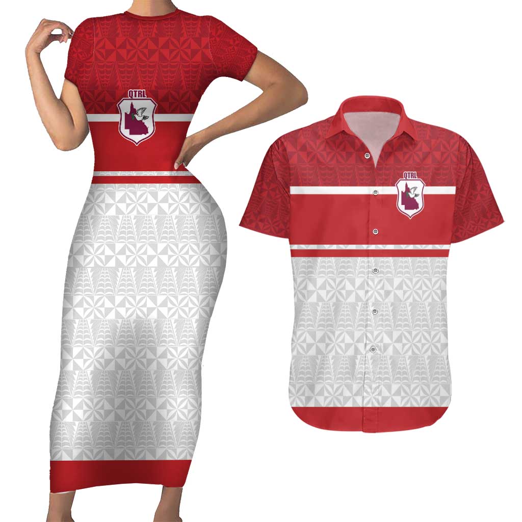 Queensland Tonga Custom Couples Matching Short Sleeve Bodycon Dress and Hawaiian Shirt QLD with Tongan Ngatu Pattern