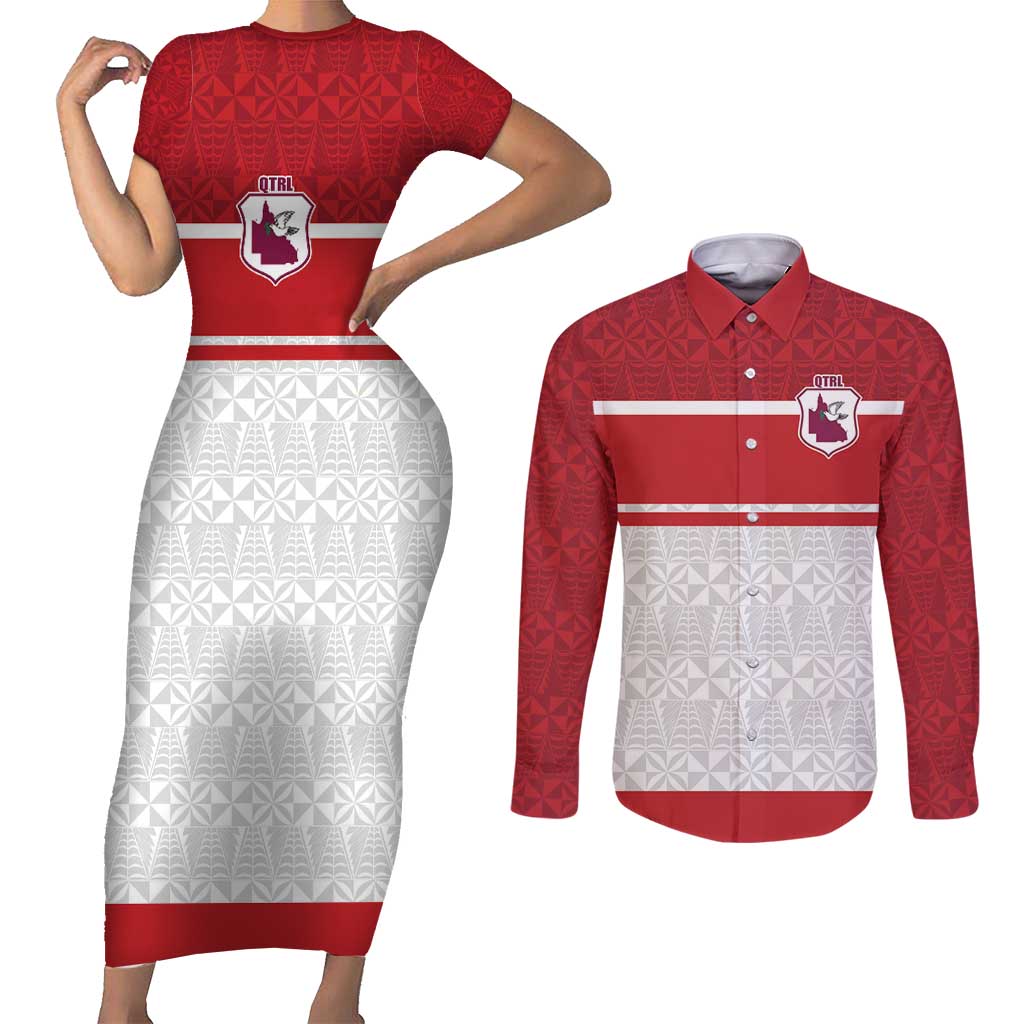 Queensland Tonga Custom Couples Matching Short Sleeve Bodycon Dress and Long Sleeve Button Shirt QLD with Tongan Ngatu Pattern