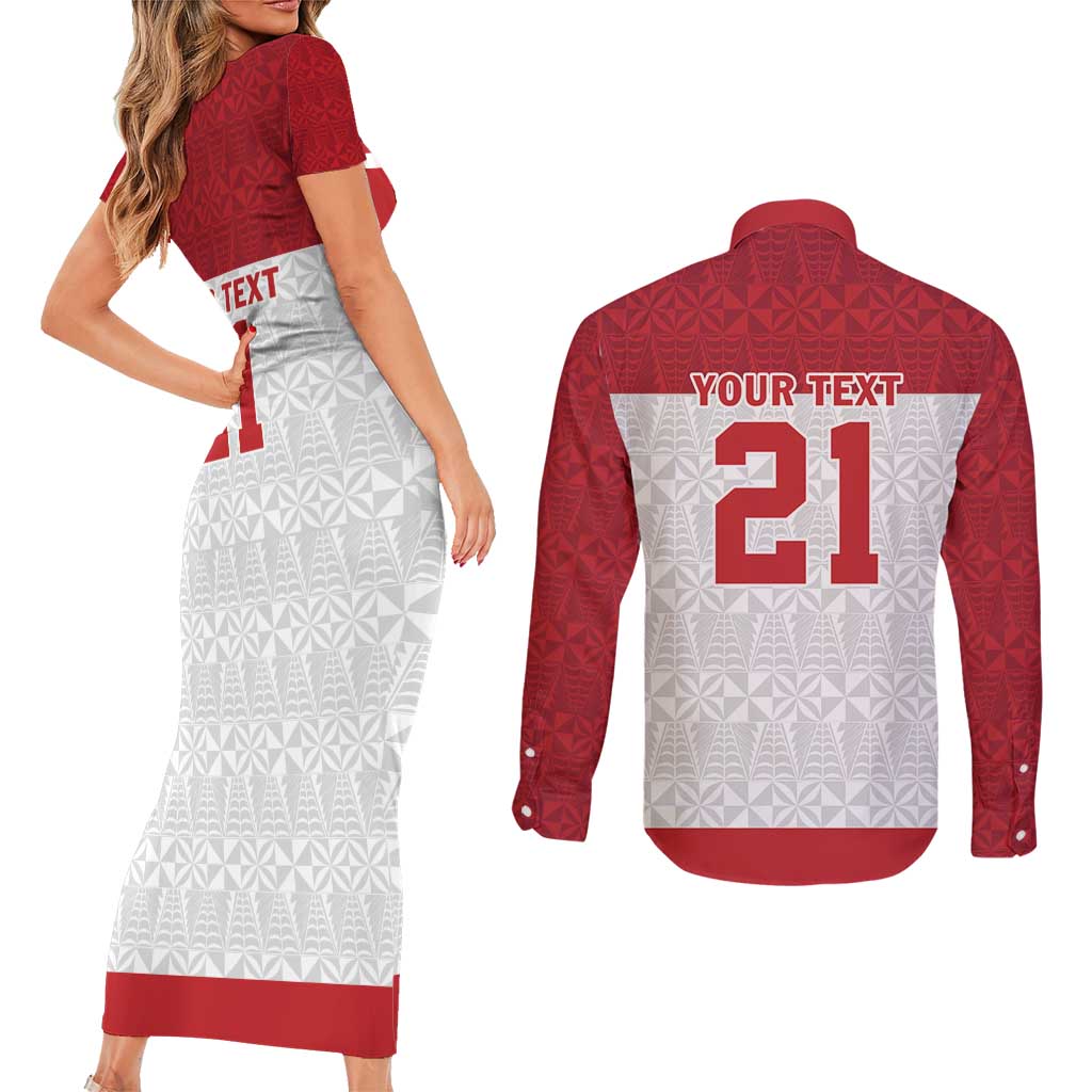 Queensland Tonga Custom Couples Matching Short Sleeve Bodycon Dress and Long Sleeve Button Shirt QLD with Tongan Ngatu Pattern