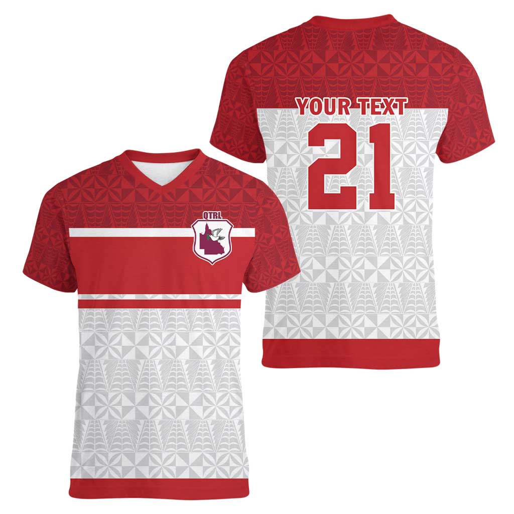 Queensland Tonga Custom Women V-Neck T-Shirt QLD with Tongan Ngatu Pattern