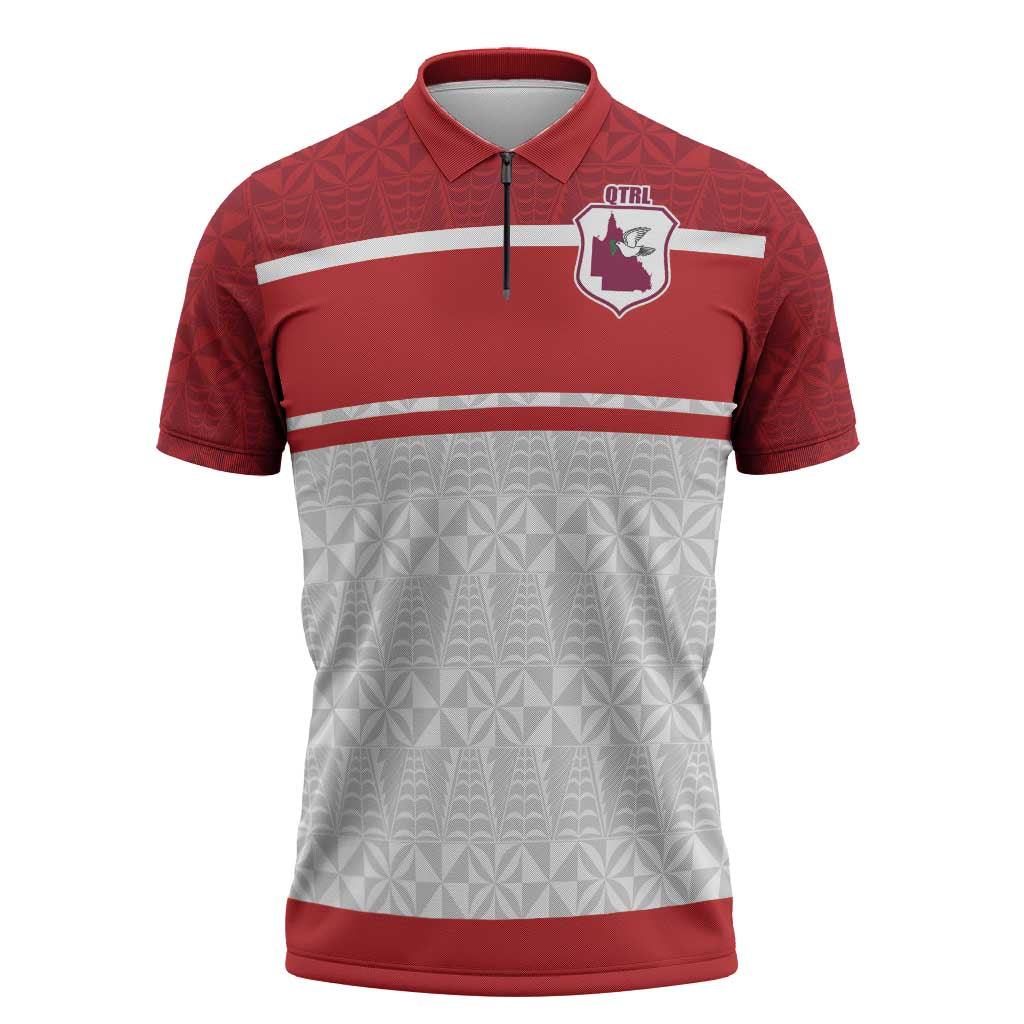Queensland Tonga Custom Zipper Polo Shirt QLD with Tongan Ngatu Pattern - Polynesian Pride