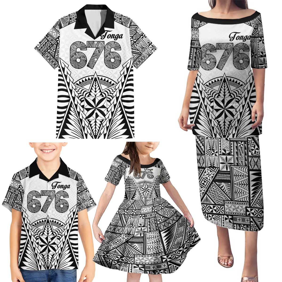 Personalised Tonga 676 Family Matching Puletasi and Hawaiian Shirt Tribal Kupesi Ngatu Unique