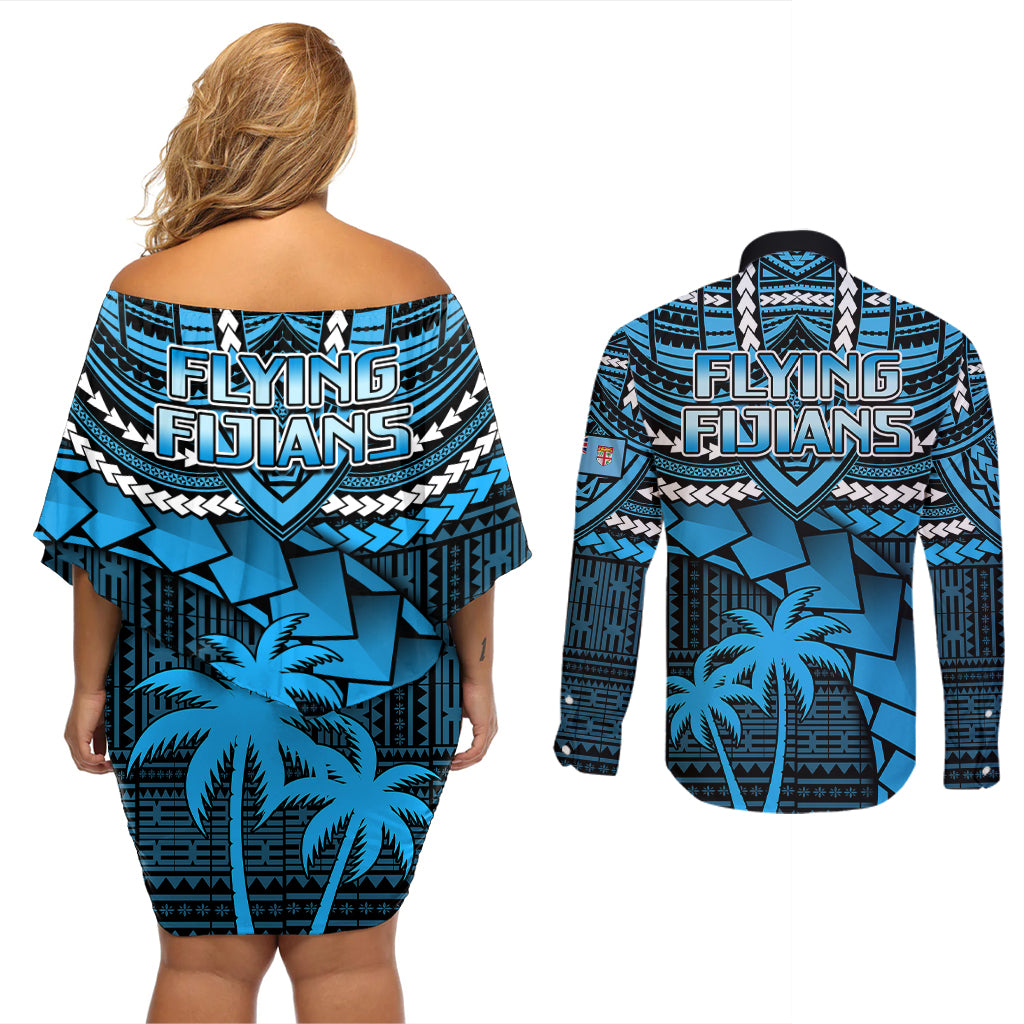 Fiji Rugby Couples Matching Off Shoulder Short Dress and Long Sleeve Button Shirts Go Fijian Tapa Arty with World Cup Vibe LT9 - Polynesian Pride