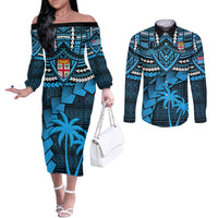 Fiji Rugby Couples Matching Off The Shoulder Long Sleeve Dress and Long Sleeve Button Shirts Go Fijian Tapa Arty with World Cup Vibe LT9 Blue - Polynesian Pride