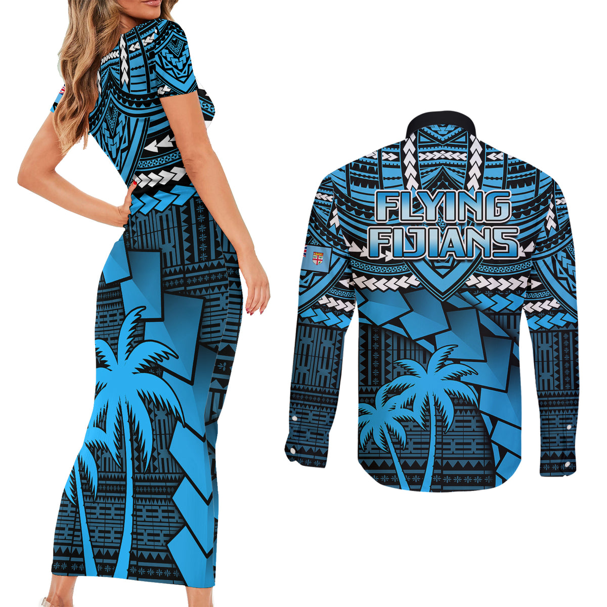 Fiji Rugby Couples Matching Short Sleeve Bodycon Dress and Long Sleeve Button Shirts Go Fijian Tapa Arty with World Cup Vibe LT9 - Polynesian Pride