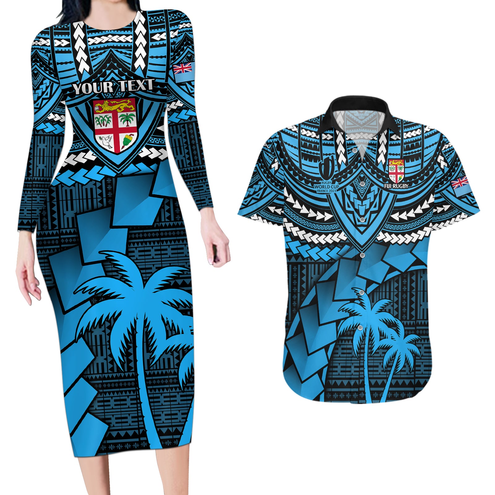 Custom Fiji Rugby Couples Matching Long Sleeve Bodycon Dress and Hawaiian Shirt Go Fijian Tapa Arty with World Cup Vibe LT9 Blue - Polynesian Pride