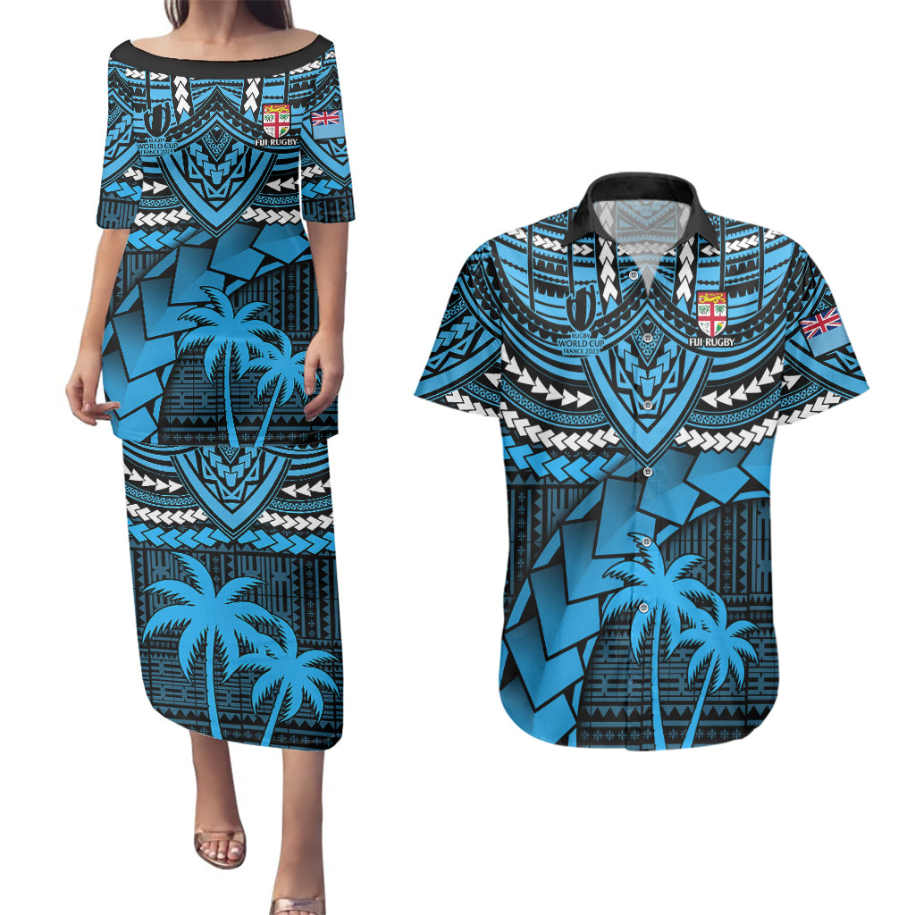 Custom Fiji Rugby Couples Matching Puletasi Dress and Hawaiian Shirt Go Fijian Tapa Arty with World Cup Vibe LT9 Blue - Polynesian Pride