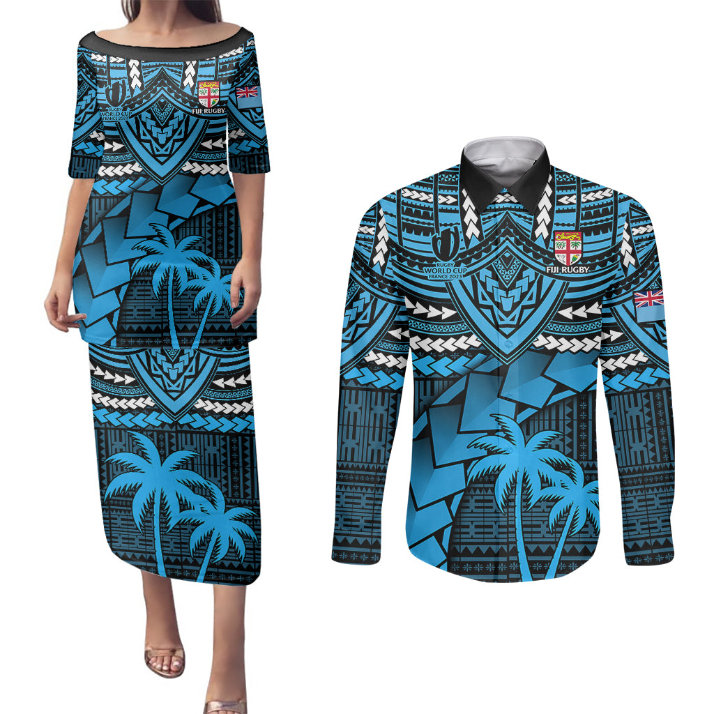 Custom Fiji Rugby Couples Matching Puletasi Dress and Long Sleeve Button Shirts Go Fijian Tapa Arty with World Cup Vibe LT9 Blue - Polynesian Pride