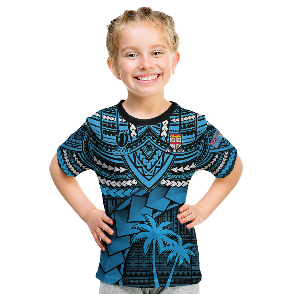Custom Fiji Rugby Kid T Shirt Go Fijian Tapa Arty with World Cup Vibe LT9 Blue - Polynesian Pride