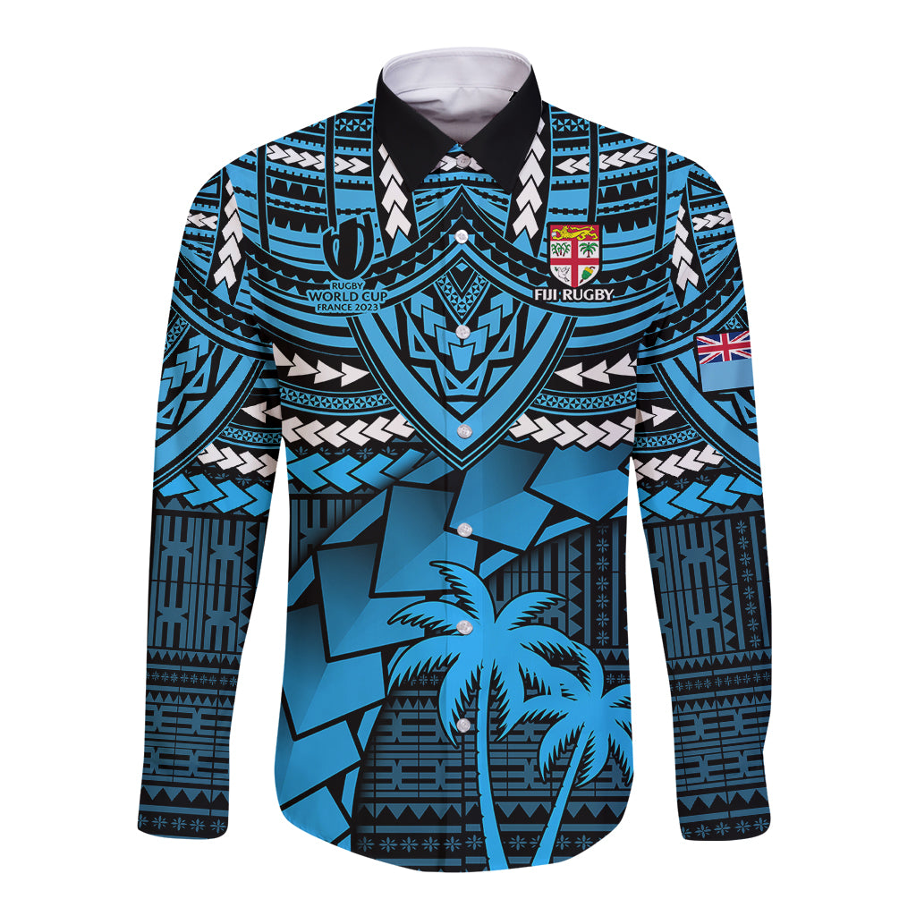 Custom Fiji Rugby Long Sleeve Button Shirt Go Fijian Tapa Arty with World Cup Vibe LT9 Unisex Blue - Polynesian Pride