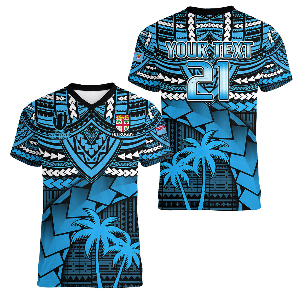Custom Fiji Rugby Women V Neck T Shirt Go Fijian Tapa Arty with World Cup Vibe LT9 - Polynesian Pride