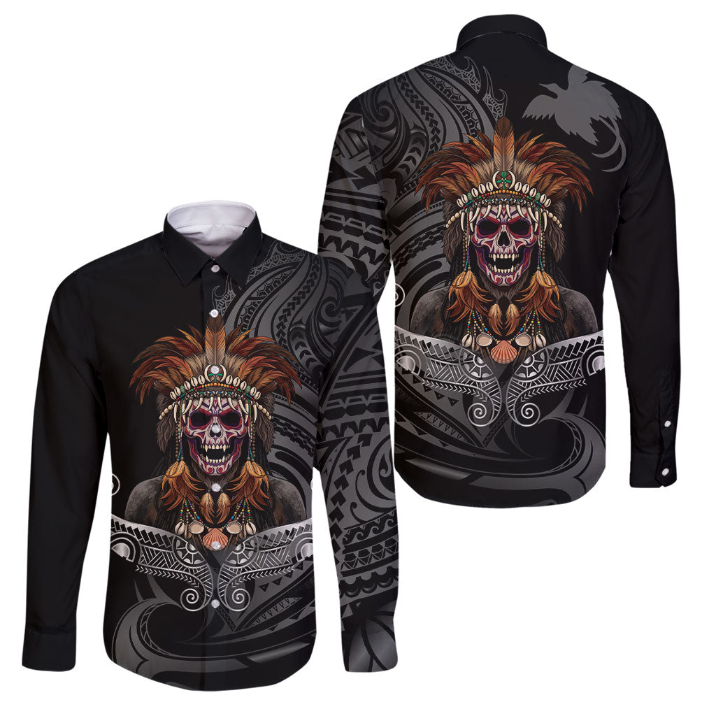 Mokomoko Tribe Eastern Highlands Province Family Matching Tank Maxi Dress and Hawaiian Shirt Papua New Guinea Indigenous Pattern LT9 Dad's Shirt - Long Sleeve Black - Polynesian Pride