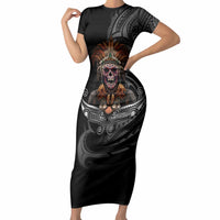 Mokomoko Tribe Eastern Highlands Province Short Sleeve Bodycon Dress Papua New Guinea Indigenous Pattern LT9 Long Dress Black - Polynesian Pride