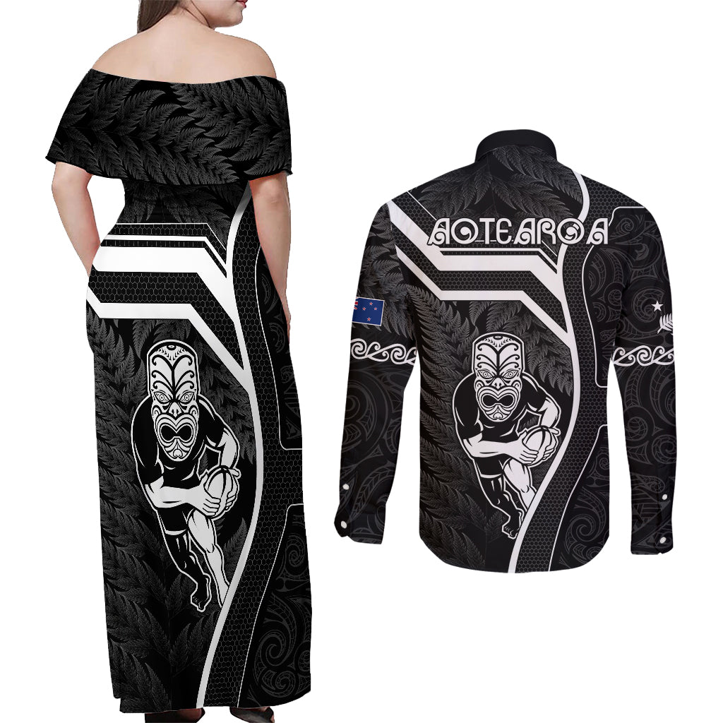 New Zealand Aotearoa Rugby Couples Matching Off Shoulder Maxi Dress and Long Sleeve Button Shirts Black Fern Maori Tribal Sporty Style LT9 - Polynesian Pride