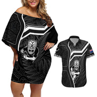 New Zealand Aotearoa Rugby Couples Matching Off Shoulder Short Dress and Hawaiian Shirt Black Fern Maori Tribal Sporty Style LT9 Black - Polynesian Pride