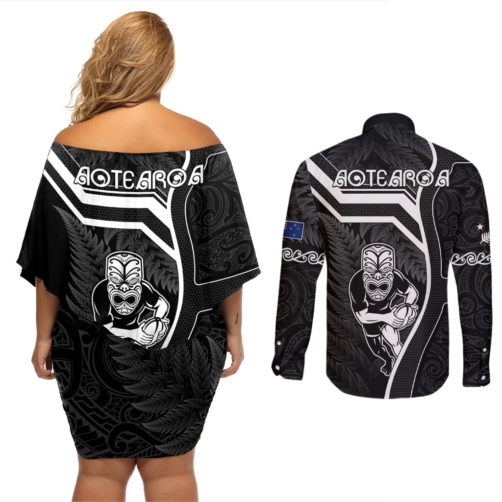 New Zealand Aotearoa Rugby Couples Matching Off Shoulder Short Dress and Long Sleeve Button Shirts Black Fern Maori Tribal Sporty Style LT9 - Polynesian Pride
