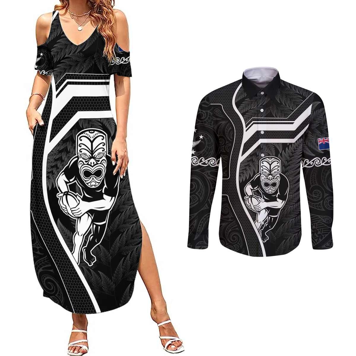 New Zealand Aotearoa Rugby Couples Matching Summer Maxi Dress and Long Sleeve Button Shirts Black Fern Maori Tribal Sporty Style LT9 Black - Polynesian Pride
