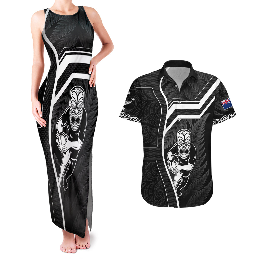 New Zealand Aotearoa Rugby Couples Matching Tank Maxi Dress and Hawaiian Shirt Black Fern Maori Tribal Sporty Style LT9 Black - Polynesian Pride