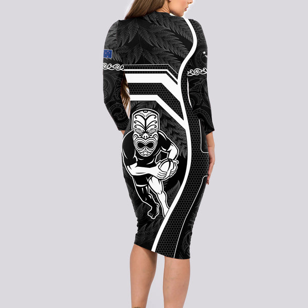 New Zealand Long Sleeve Bodycon Dress Aotearoa Hei-Tiki Maori Fern Tattoo Arty LT9