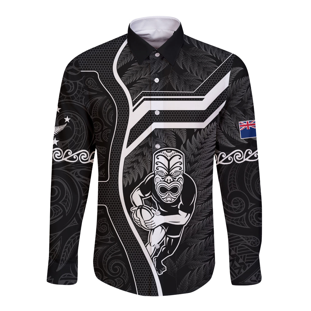 New Zealand Aotearoa Rugby Long Sleeve Button Shirt Black Fern Maori Tribal Sporty Style LT9 Unisex Black - Polynesian Pride