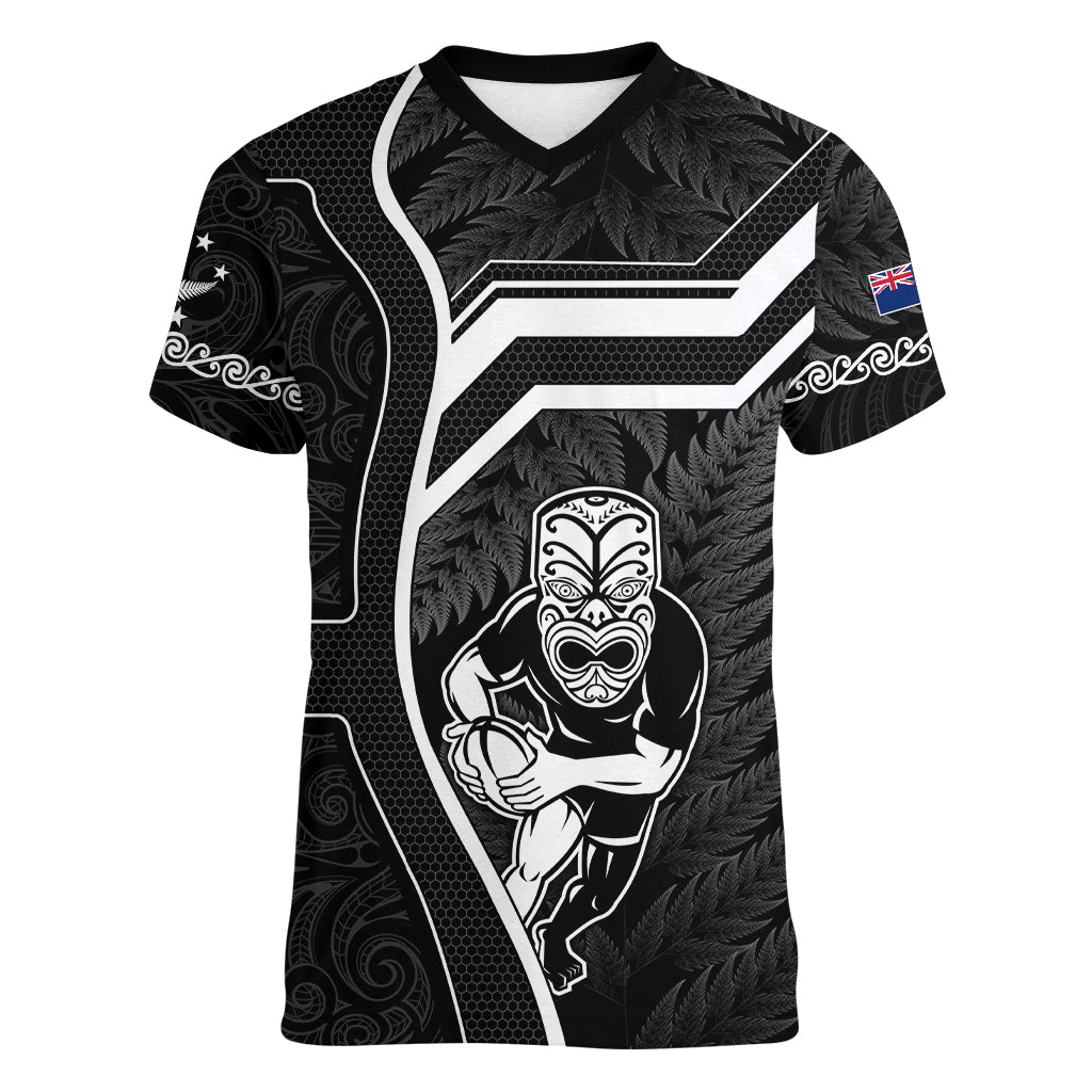 New Zealand Aotearoa Rugby Women V Neck T Shirt Black Fern Maori Tribal Sporty Style LT9 Female Black - Polynesian Pride