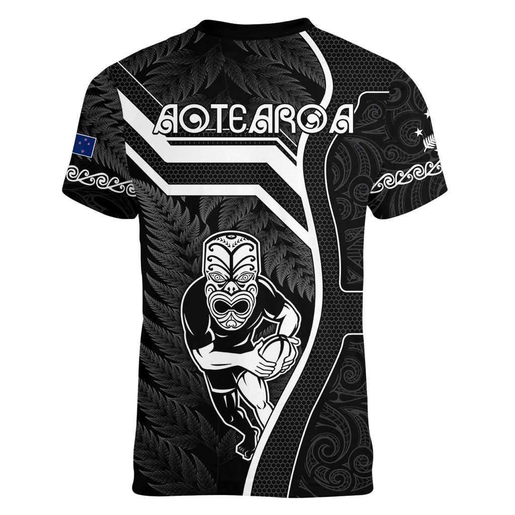 New Zealand Aotearoa Rugby Women V Neck T Shirt Black Fern Maori Tribal Sporty Style LT9 - Polynesian Pride