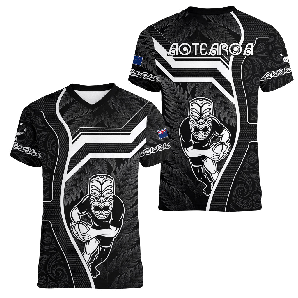 New Zealand Aotearoa Rugby Women V Neck T Shirt Black Fern Maori Tribal Sporty Style LT9 - Polynesian Pride