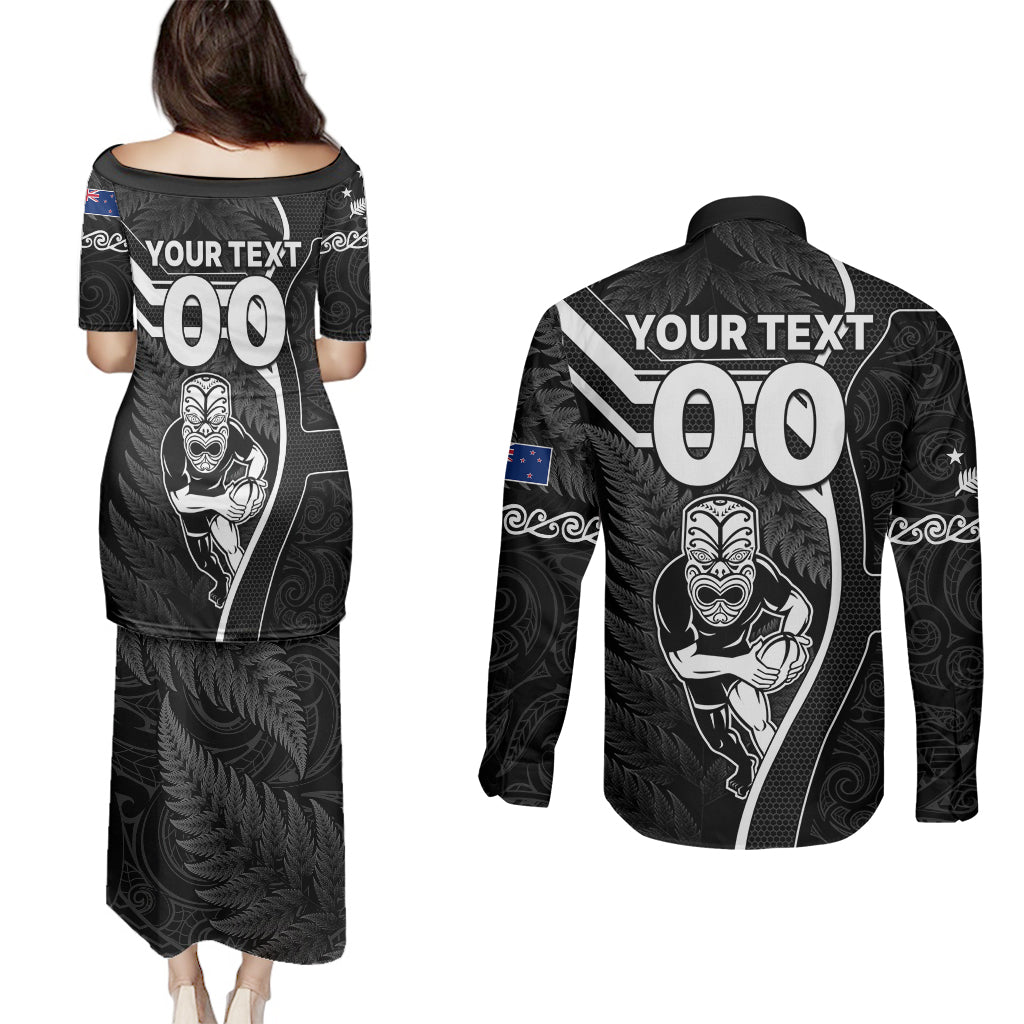 Custom New Zealand Aotearoa Rugby Couples Matching Puletasi Dress and Long Sleeve Button Shirts Black Fern Maori Tribal Sporty Style LT9 - Polynesian Pride