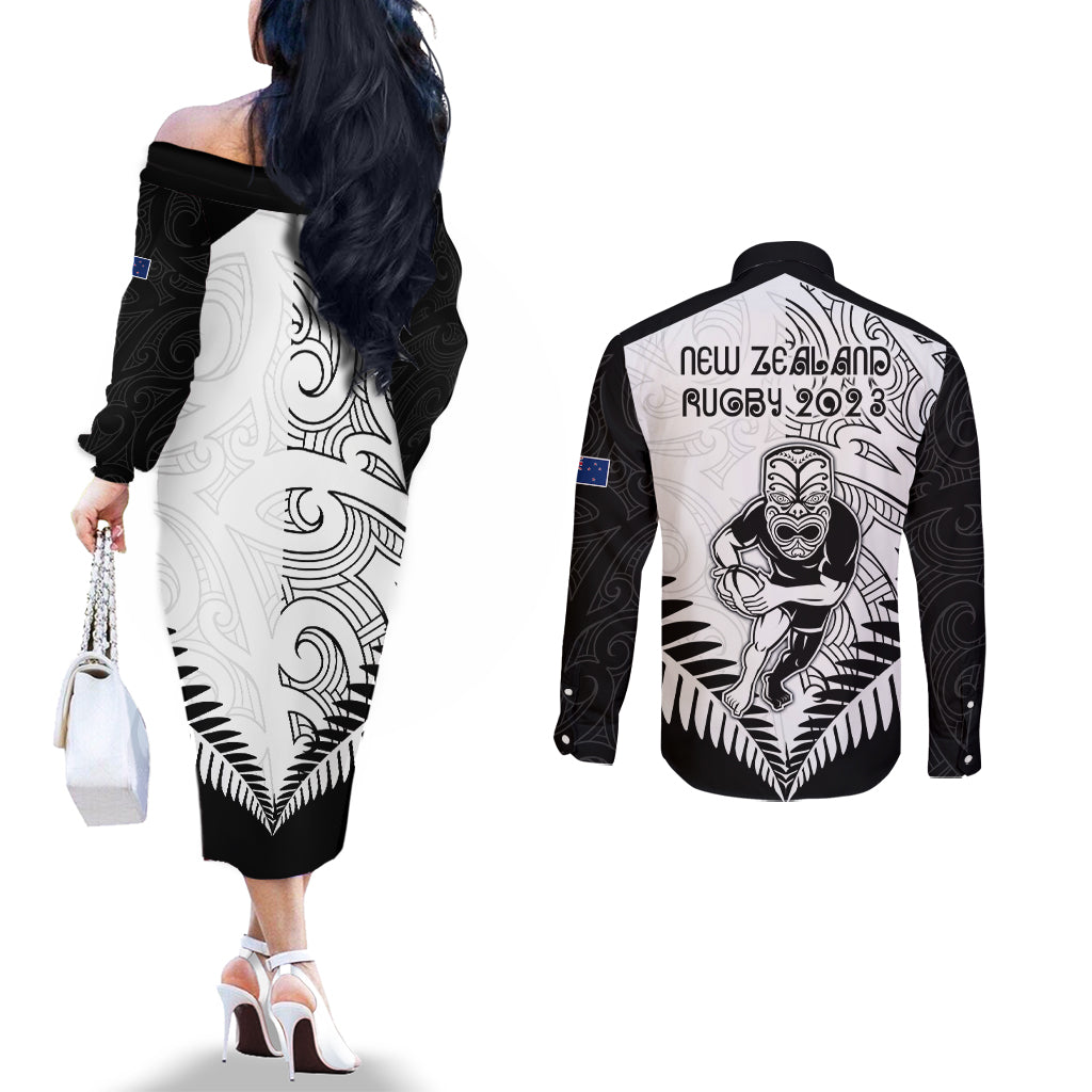 New Zealand Rugby Couples Matching Off The Shoulder Long Sleeve Dress and Long Sleeve Button Shirts Proud Aoteroa Stylised Maori Koru LT9 - Polynesian Pride
