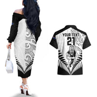 Custom New Zealand Rugby Couples Matching Off The Shoulder Long Sleeve Dress and Hawaiian Shirt Proud Aoteroa Stylised Maori Koru LT9 - Polynesian Pride