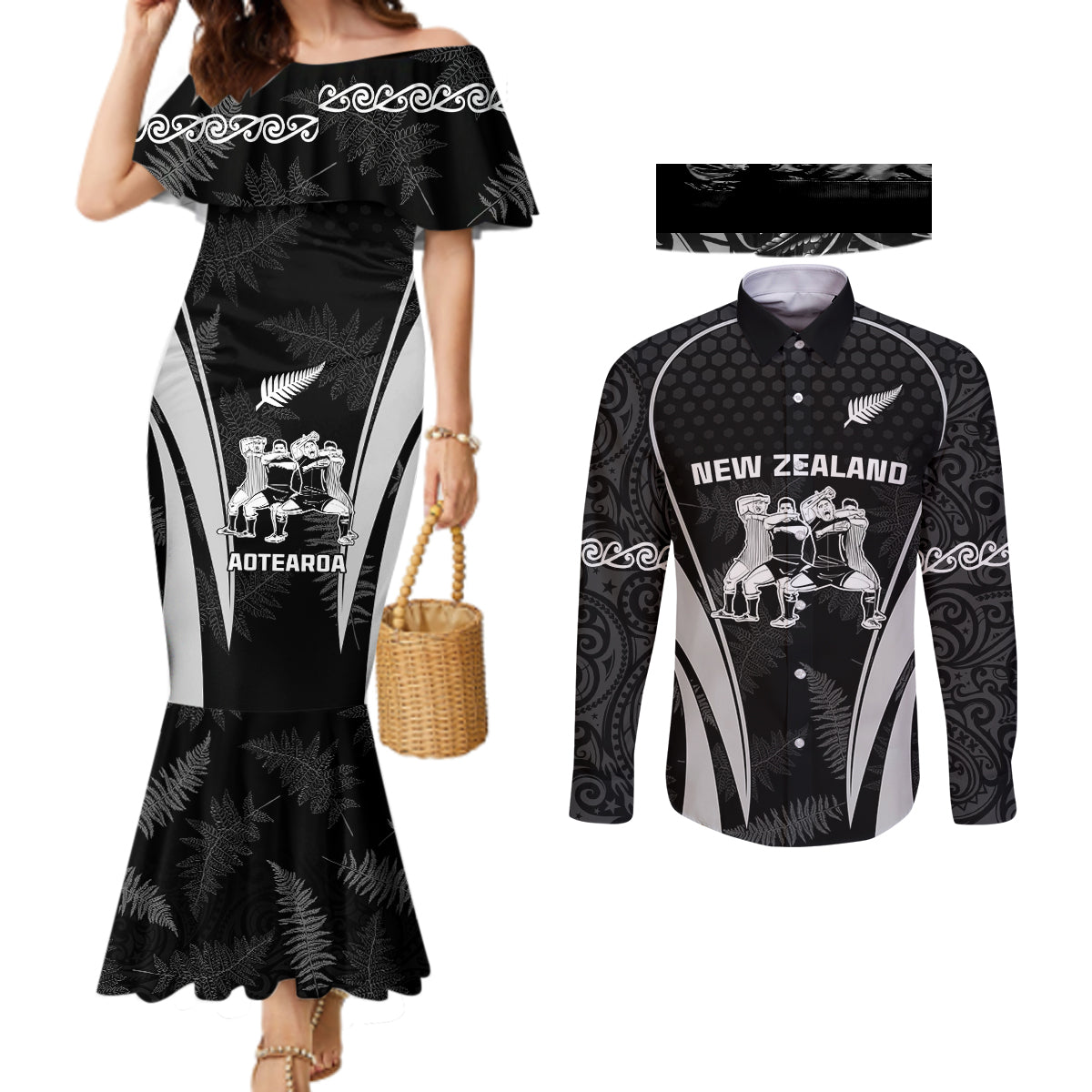 New Zealand Aotearoa Rugby Couples Matching Mermaid Dress and Long Sleeve Button Shirt Haka Dance Mixed Silver Fern Sporty Style LT9 Black - Polynesian Pride