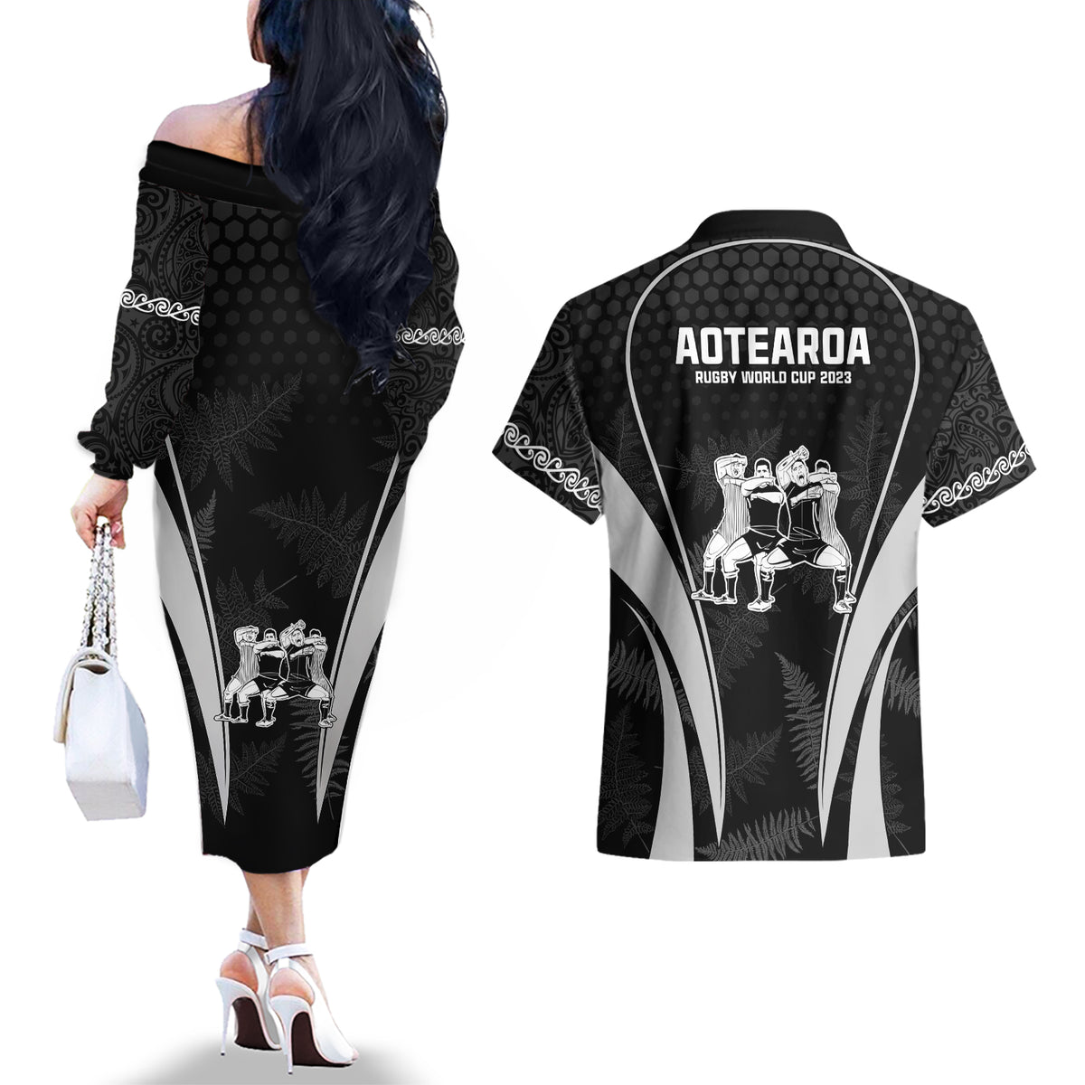New Zealand Aotearoa Rugby Couples Matching Off The Shoulder Long Sleeve Dress and Hawaiian Shirt Haka Dance Mixed Silver Fern Sporty Style LT9 - Polynesian Pride
