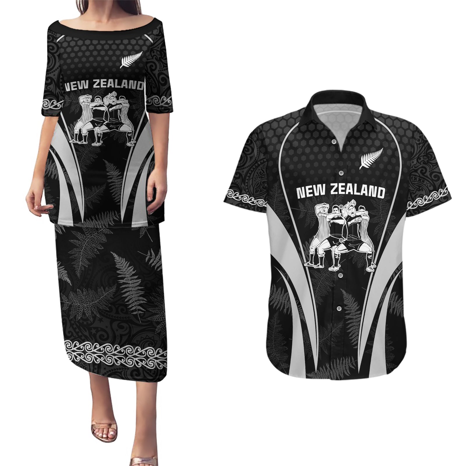 New Zealand Aotearoa Rugby Couples Matching Puletasi Dress and Hawaiian Shirt Haka Dance Mixed Silver Fern Sporty Style LT9 Black - Polynesian Pride