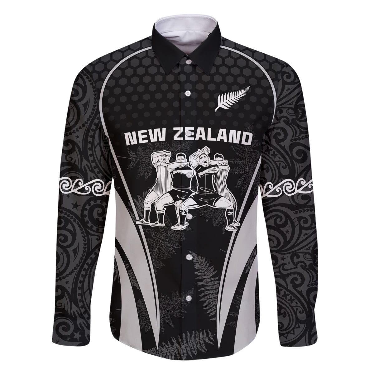 New Zealand Aotearoa Rugby Family Matching Long Sleeve Bodycon Dress and Hawaiian Shirt Haka Dance Mixed Silver Fern Sporty Style LT9 Dad's Shirt - Long Sleeve Black - Polynesian Pride