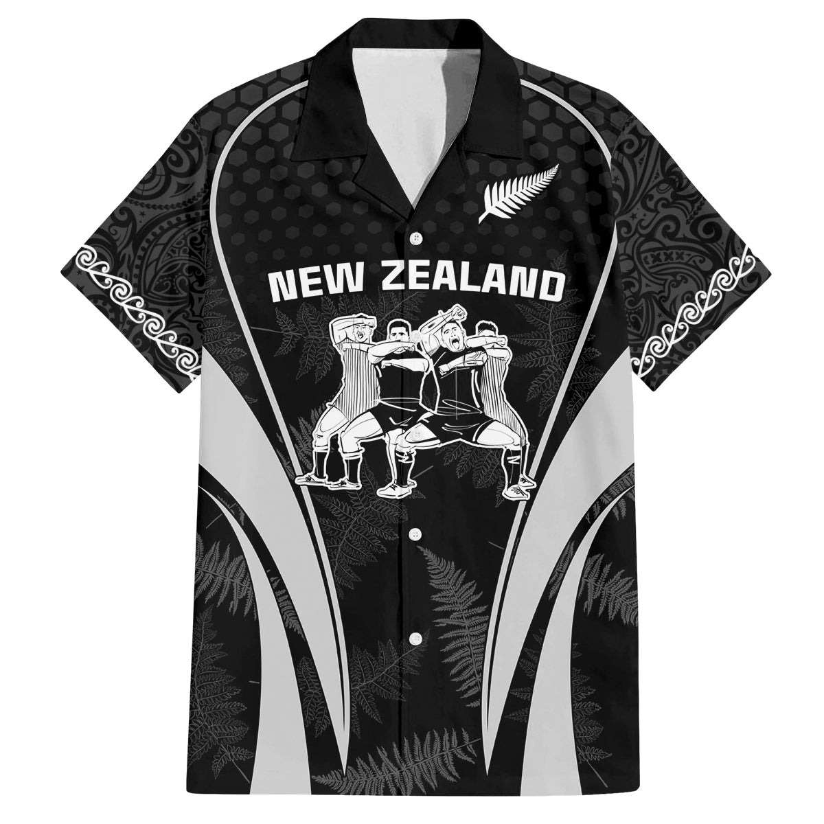 New Zealand Aotearoa Rugby Family Matching Summer Maxi Dress and Hawaiian Shirt Haka Dance Mixed Silver Fern Sporty Style LT9 Dad's Shirt - Short Sleeve Black - Polynesian Pride