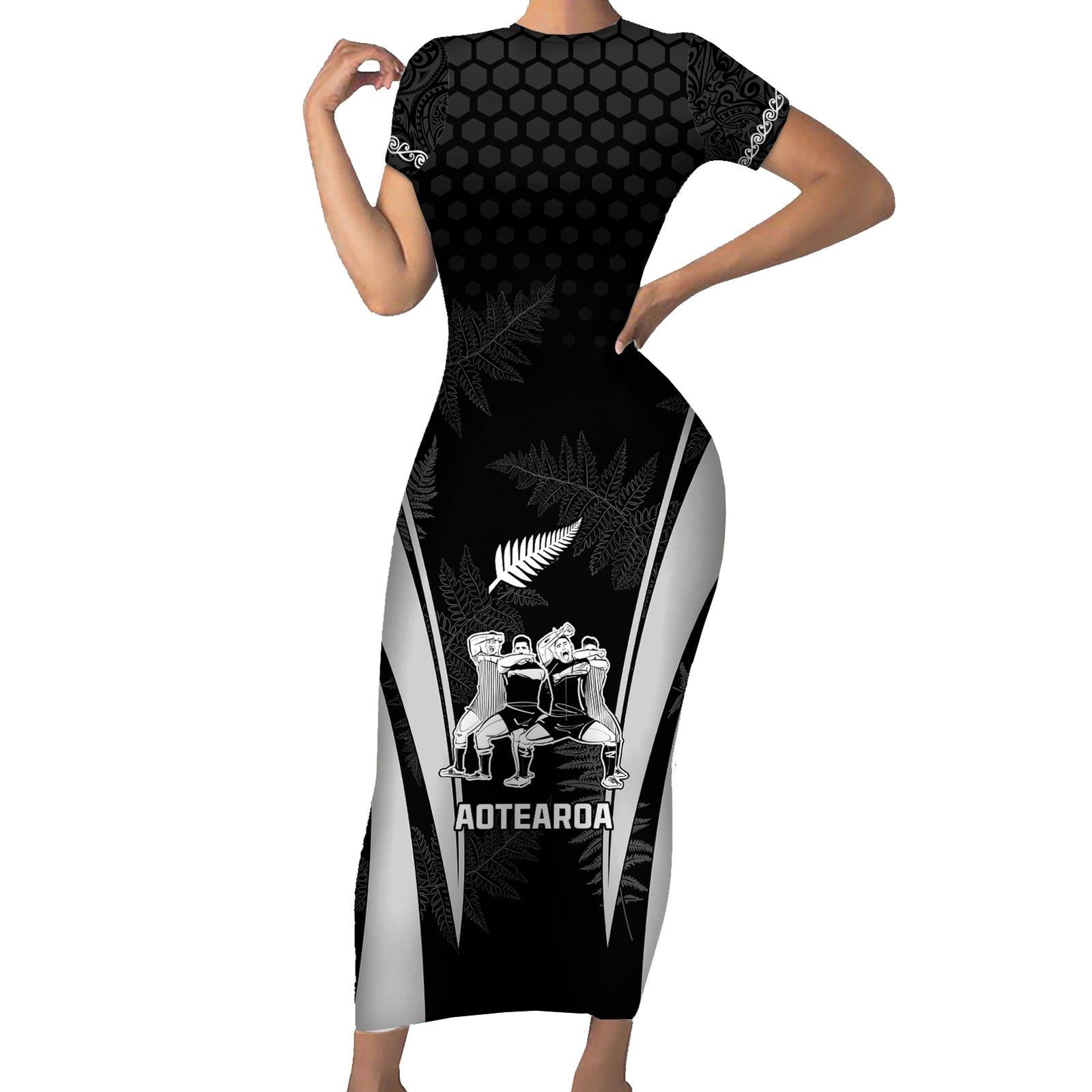 New Zealand Aotearoa Rugby Short Sleeve Bodycon Dress Haka Dance Mixed Silver Fern Sporty Style LT9 Long Dress Black - Polynesian Pride